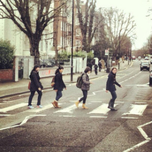 Students walking down Abbey Road
