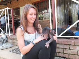 Holding a baby baboon.