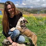 Volunteer with rescued dog at dog shelter in Cusco