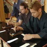 students participating in mokuhanga (wood painting)